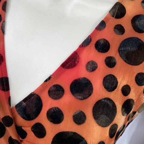 Huminska NY Faux Wrap Dress Womens Sz 0 Orange Burnout Velvet Long Sleeve V-Neck - Picture 4 of 12